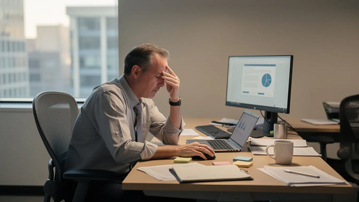 a fatigued man seated at an office desk, signs of hormonal imbalance low energy and moody
