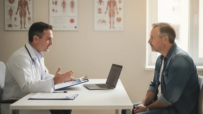 doctor is sitting across male patient in medical office, discussing symptoms related to hormonal imbalances