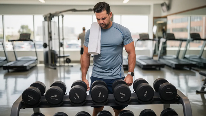 man in a gym, looking at weights with a confused and frustrated expression